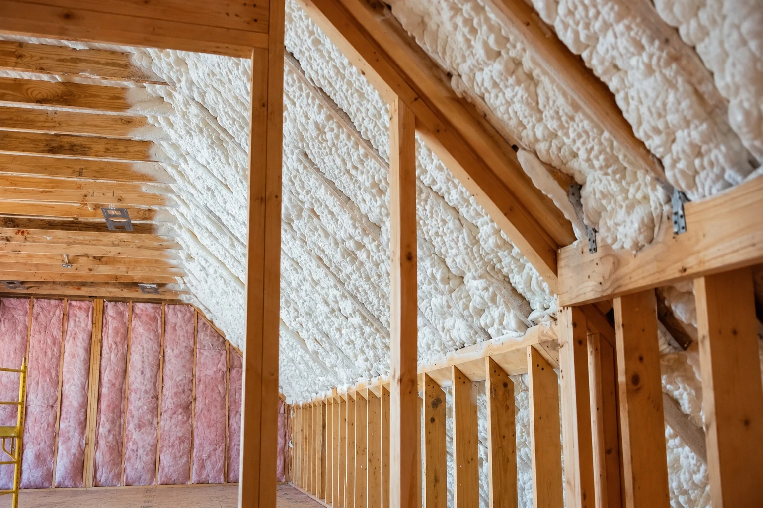 Spray foam insulation covers the sloped roof and walls of a timber-framed attic, with pink batts visible on one end wall.