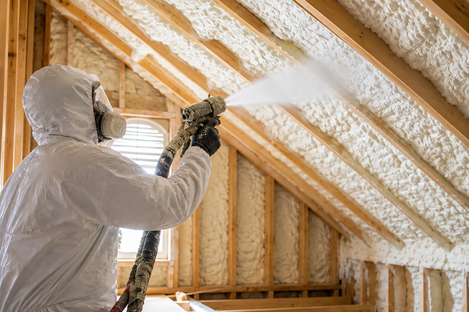 A worker in protective coveralls sprays foam insulation onto the sloped roof between exposed wooden rafters.
