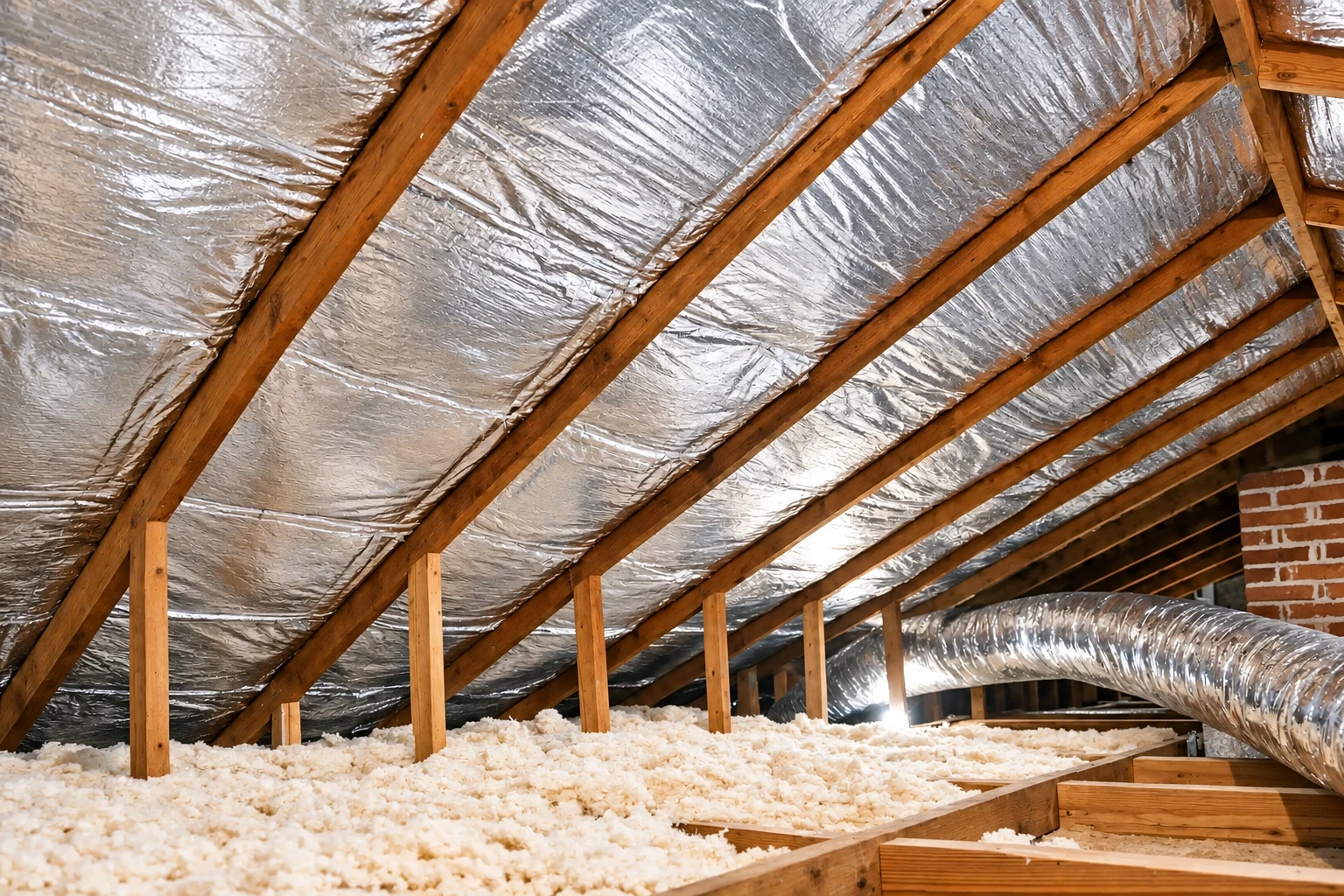 Attic with silver reflective roof lining, exposed wooden rafters, blown-in insulation on the floor, and a large duct.