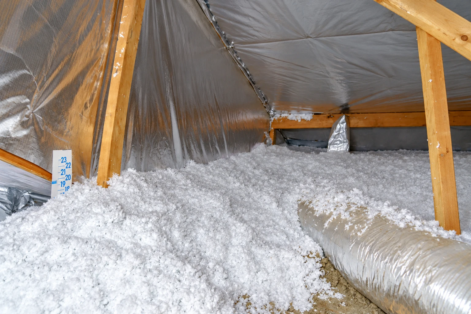 An attic floor is covered with loose white insulation beneath reflective foil and wooden rafters.