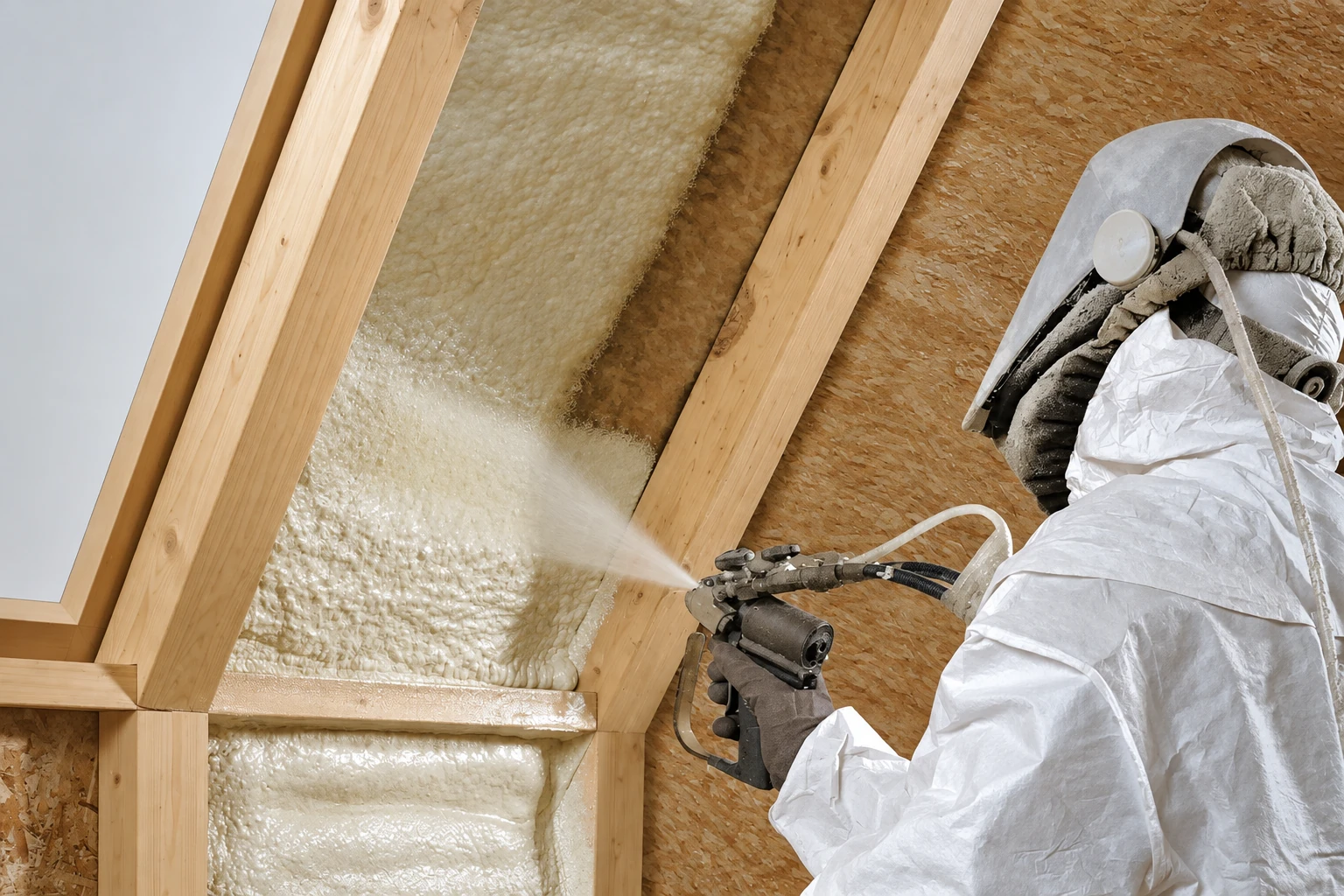 Worker in protective clothing sprays foam insulation between the rafters of a wooden attic.