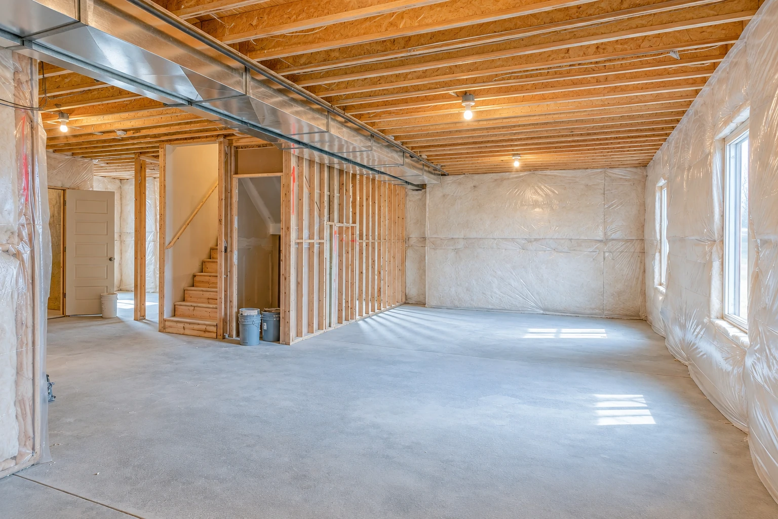 Unfinished basement with white insulation covering the walls, exposed ceiling joists, metal ductwork, and a concrete floor.