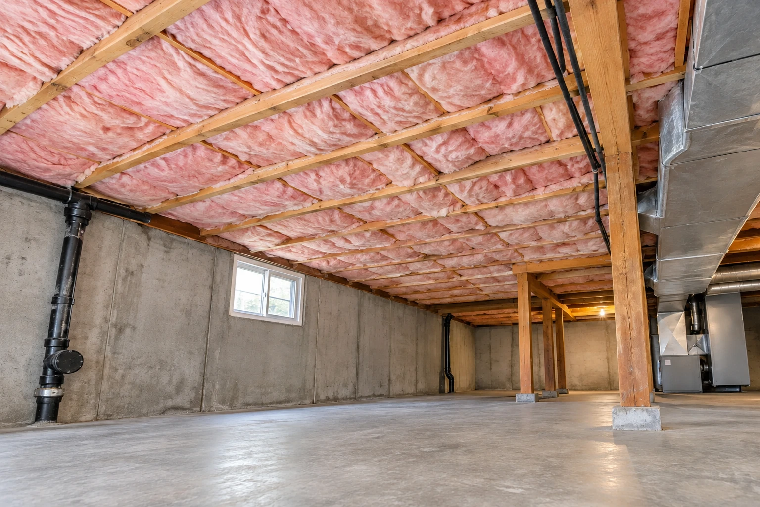Pink batt insulation fills the basement ceiling joists above a concrete floor, with exposed ductwork and support posts.