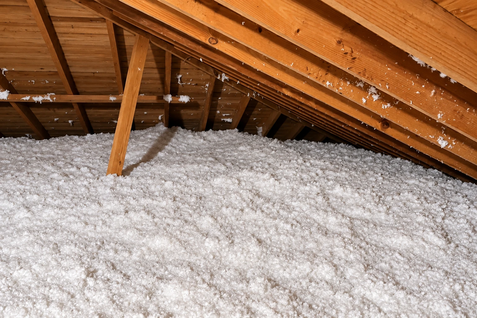 Loose white blown-in insulation blankets the floor beneath exposed wooden attic rafters.