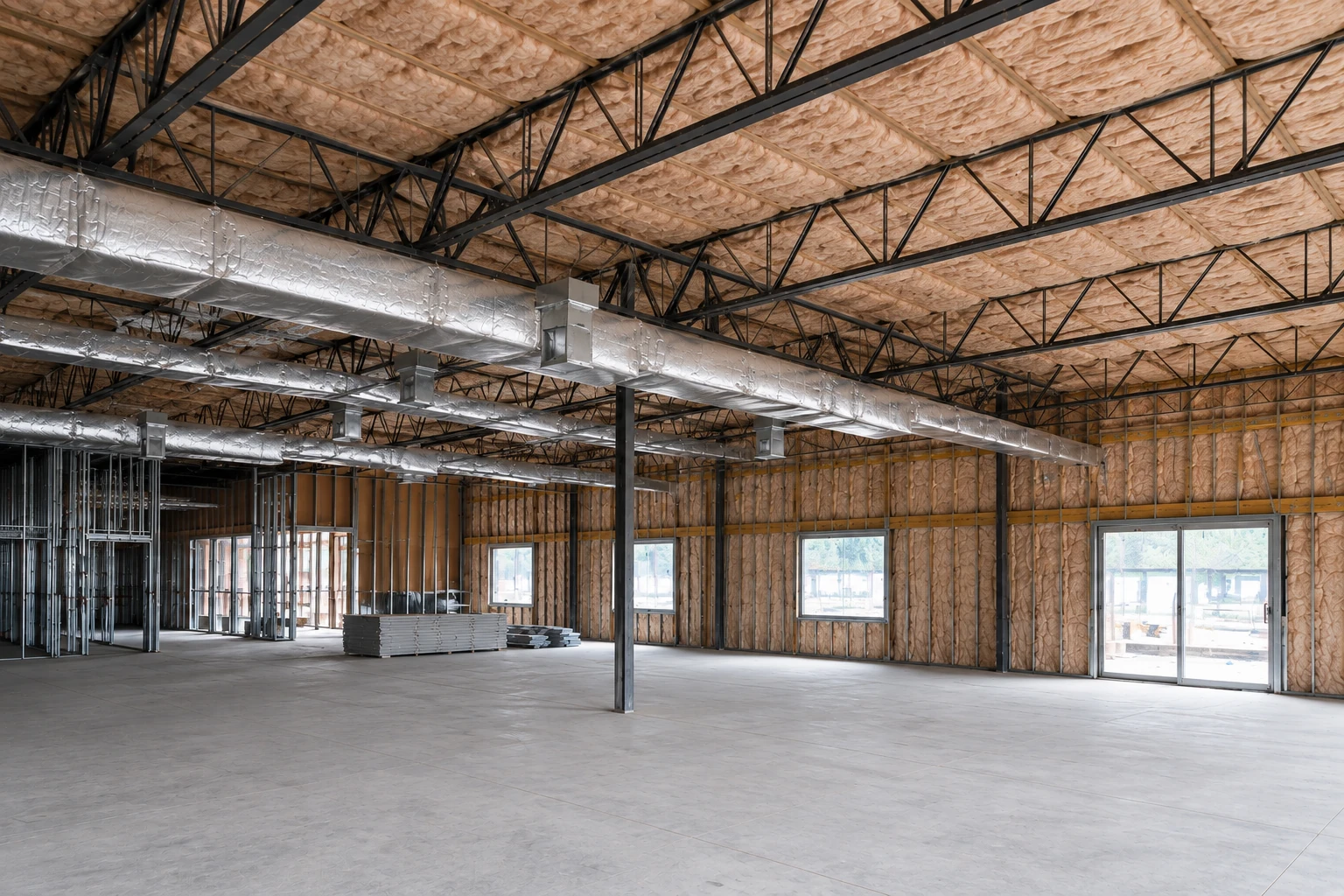 Commercial insulation lines the ceiling and walls of a large unfinished building, with black steel trusses and silver ducts overhead.