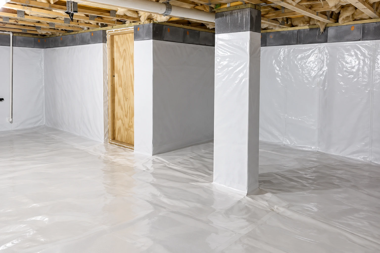 Crawl space with white vapor barrier covering the floor and walls around a wooden door and support columns.