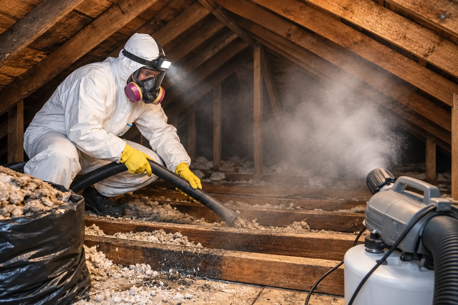 Worker in protective gear vacuums old attic insulation through a hose as dust rises nearby.