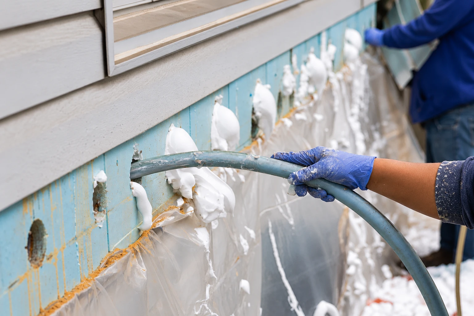 A worker in blue gloves applies white spray foam through a hose into openings beneath exterior siding.