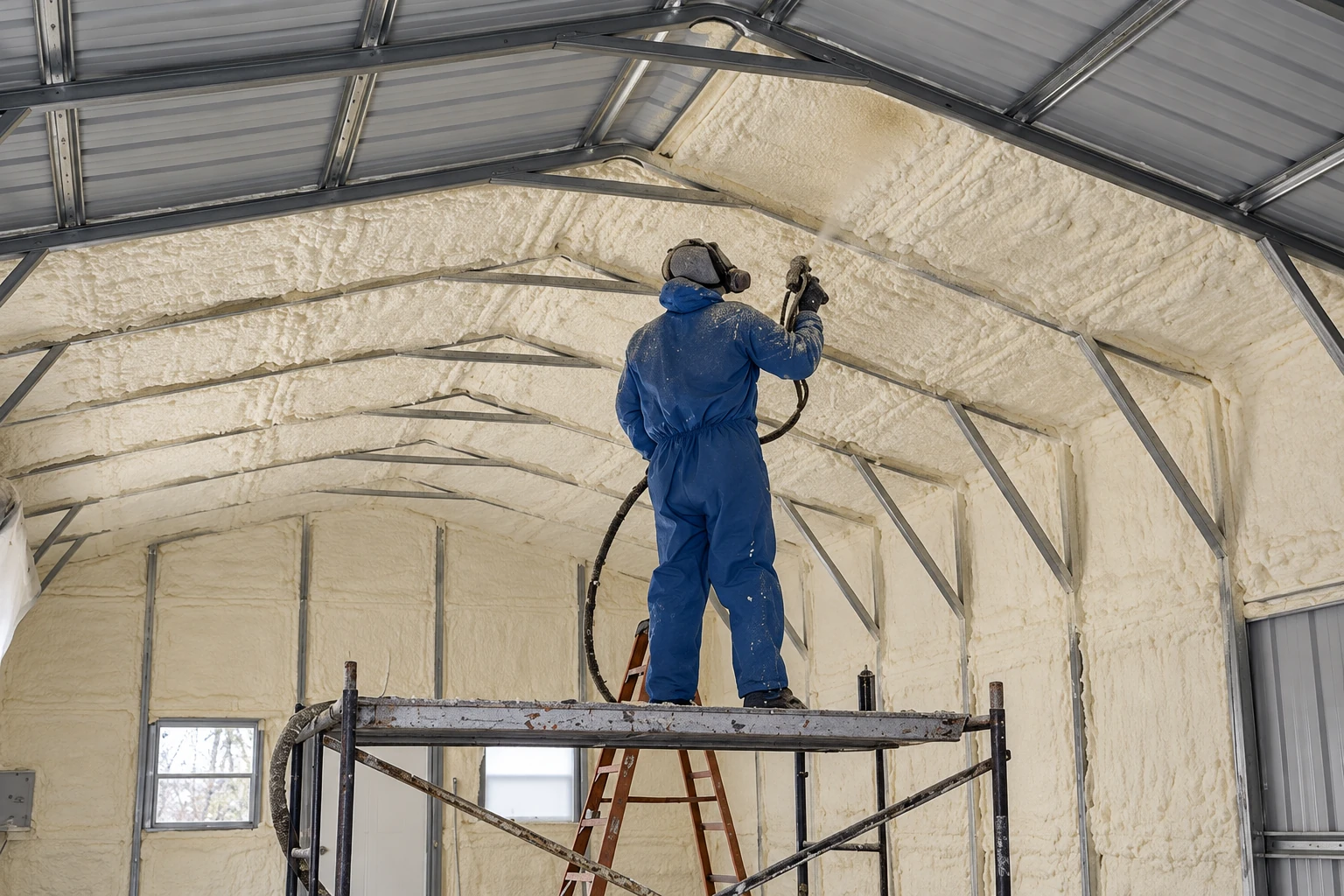 A worker in protective gear sprays foam insulation onto the inside of a metal-roofed building from a raised scaffold.