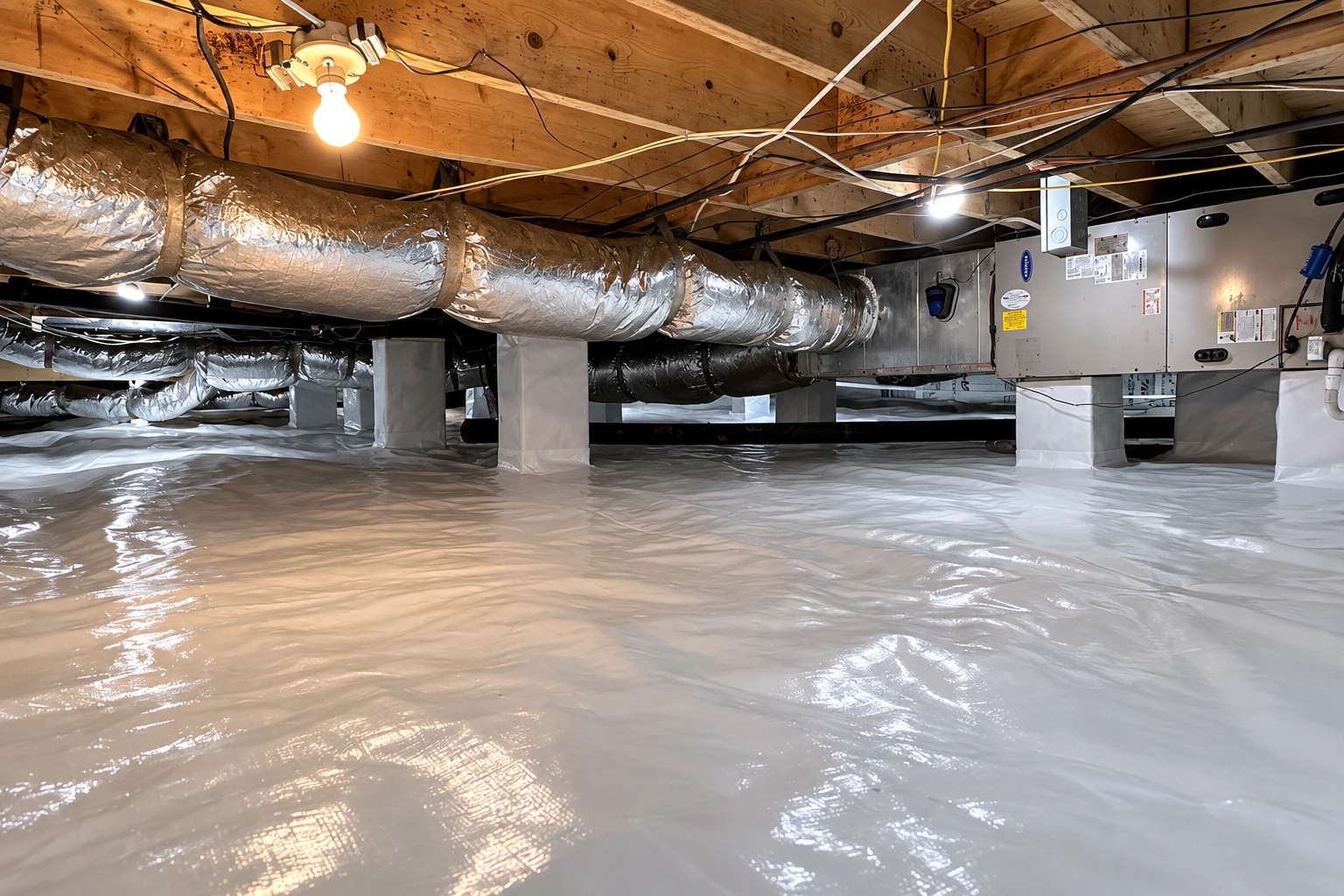 White vapor barrier covers a crawl space floor around support posts, with large ducts and utility equipment overhead.