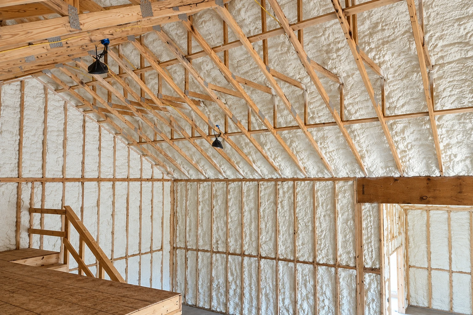 Spray foam insulation covers the walls and roof framing of a large unfinished building with exposed trusses.